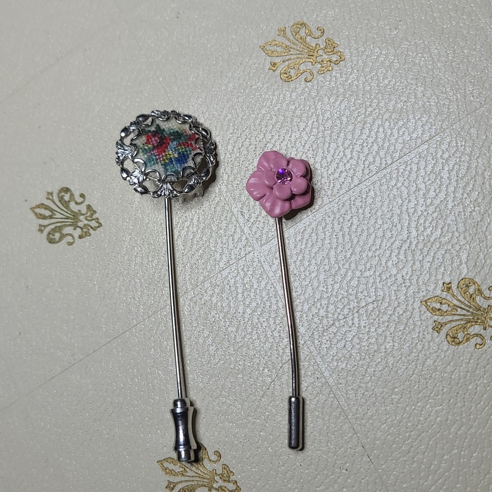2/$12 Vintage Floral Petit-point and Pink Metal Flower Stick Pin Set